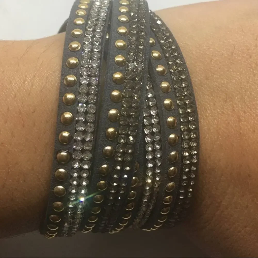 Mix Stud Slit Layer Wrap Bracelet - Charcoal